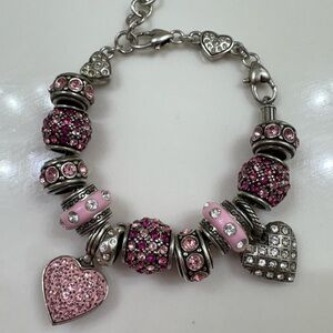 Brighton Silver Charm Bracelet & 12 Charms Swarovski Crystals Pink Hearts